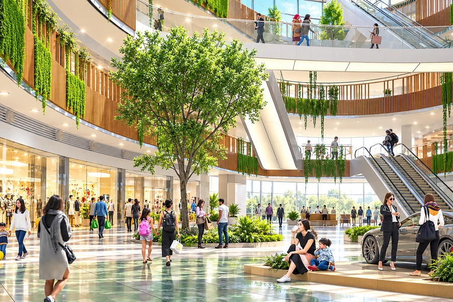 The bright multilevel atrium of Tashkent City Mall with greenery and shoppers