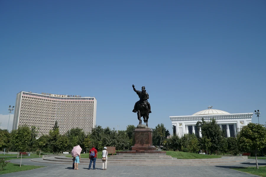 Amir Temur Square in Tashkent, with the monument and Hotel Uzbekistan