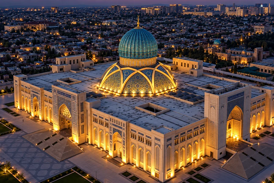 The domed Center of Islamic Civilization in Tashkent, lit at dusk